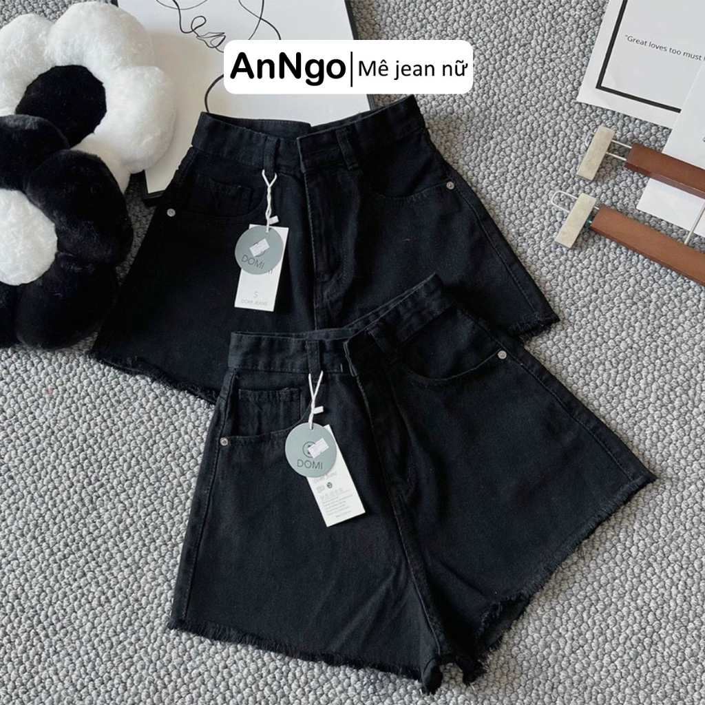 Quần short jean nữ lưng cao ống rộng đen trắng phối đồ cực sang Anngo - AT341
