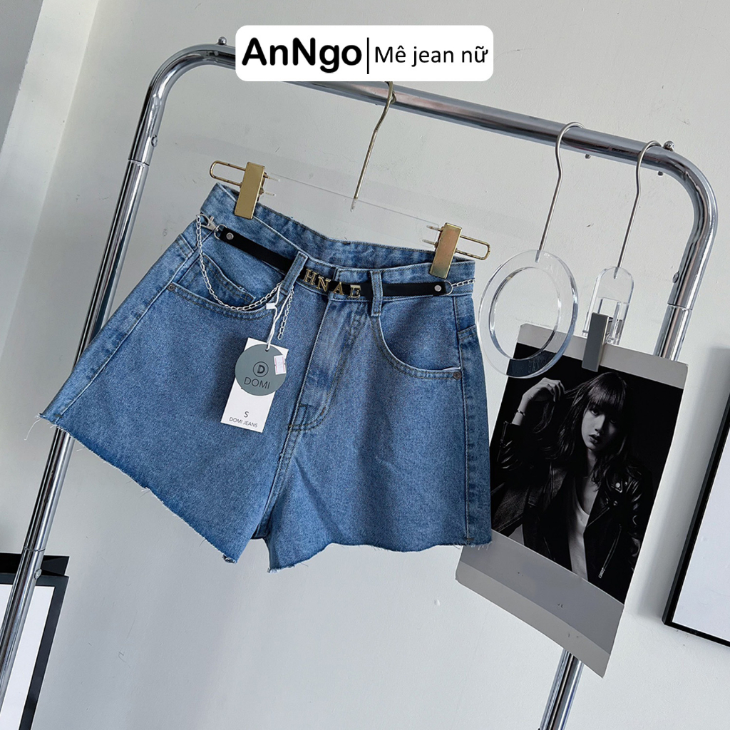 Quần short jean nữ đùi lưng cao ống rộng, chất jean denim không co giãn Anngo - AT338
