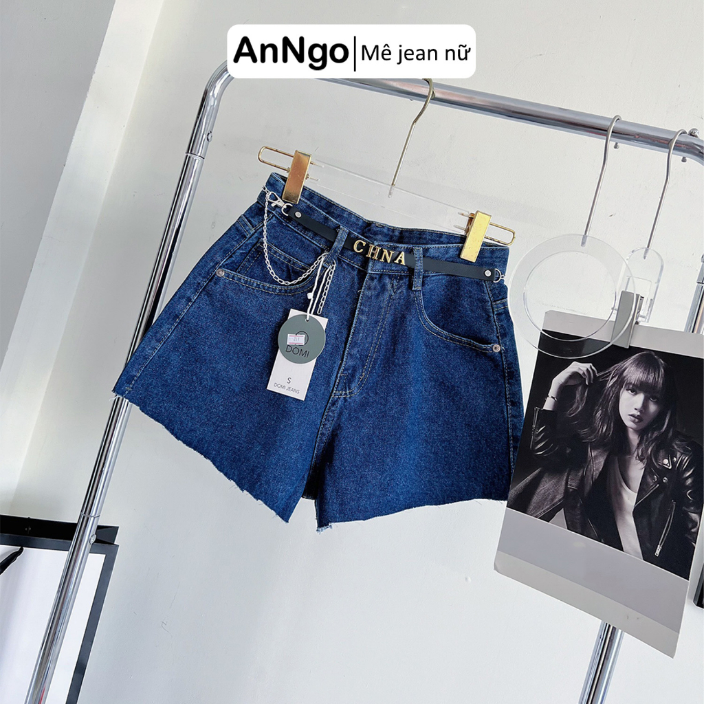 Quần short jean nữ đùi lưng cao ống rộng, chất jean denim không co giãn Anngo - AT338