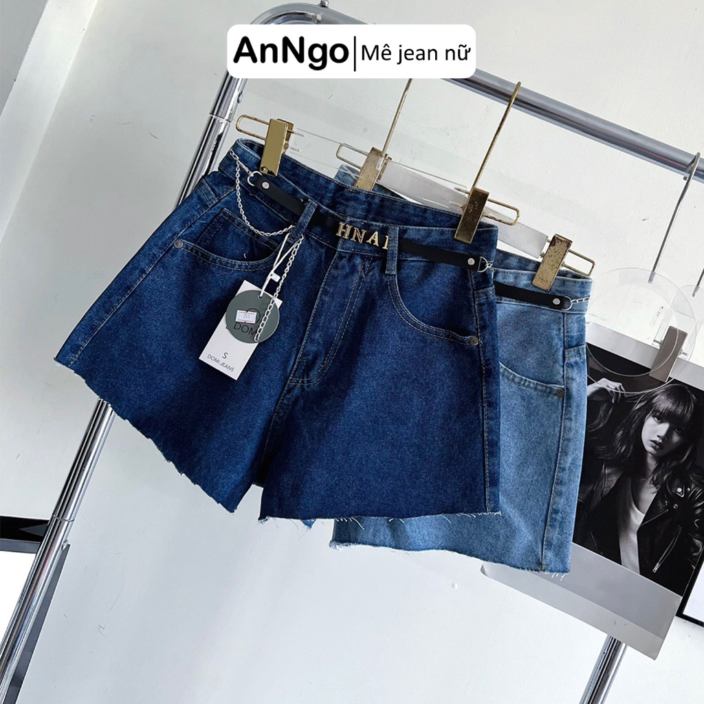 Quần short jean nữ đùi lưng cao ống rộng, chất jean denim không co giãn Anngo - AT338