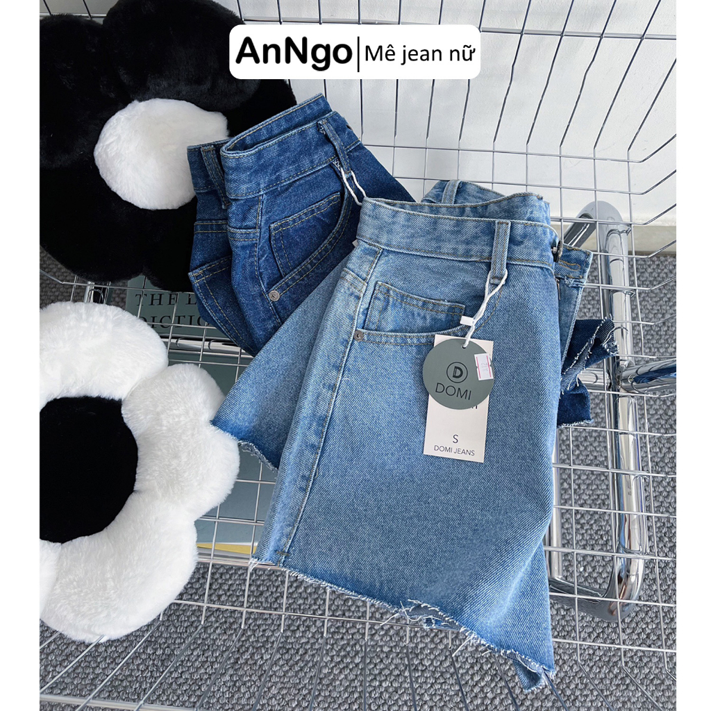 Quần short jean nữ đùi lưng cao ống rộng, chất jean denim không co giãn Anngo - AT338