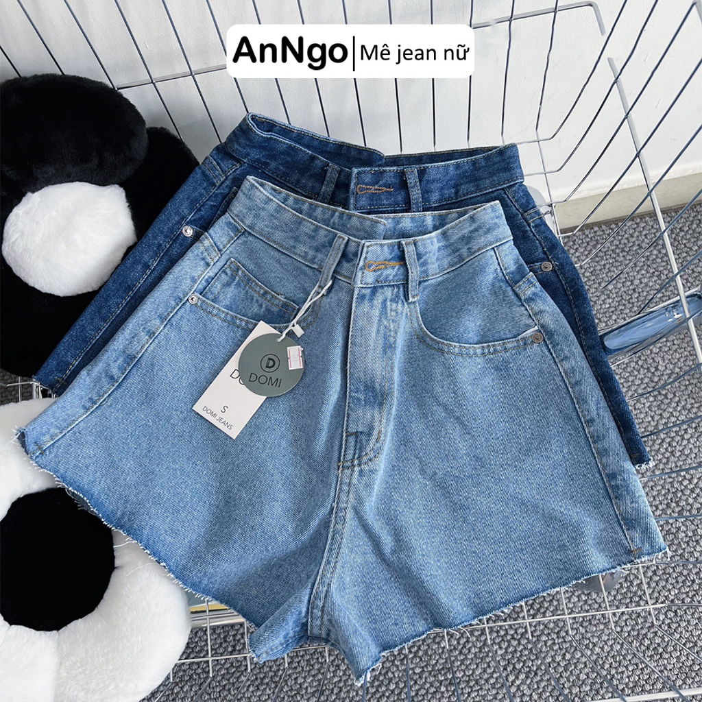 Quần short jean nữ đùi lưng cao ống rộng, chất jean denim không co giãn Anngo - AT338