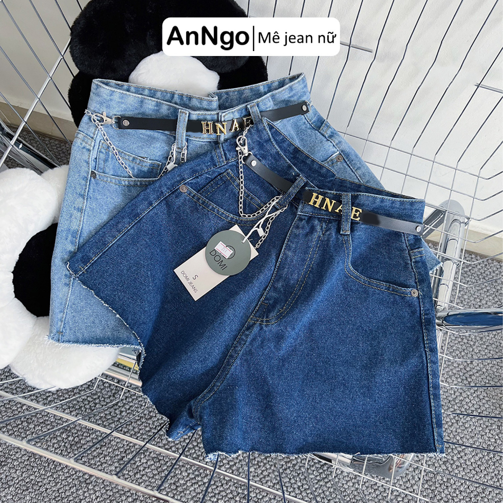 Quần short jean nữ đùi lưng cao ống rộng, chất jean denim không co giãn Anngo - AT338