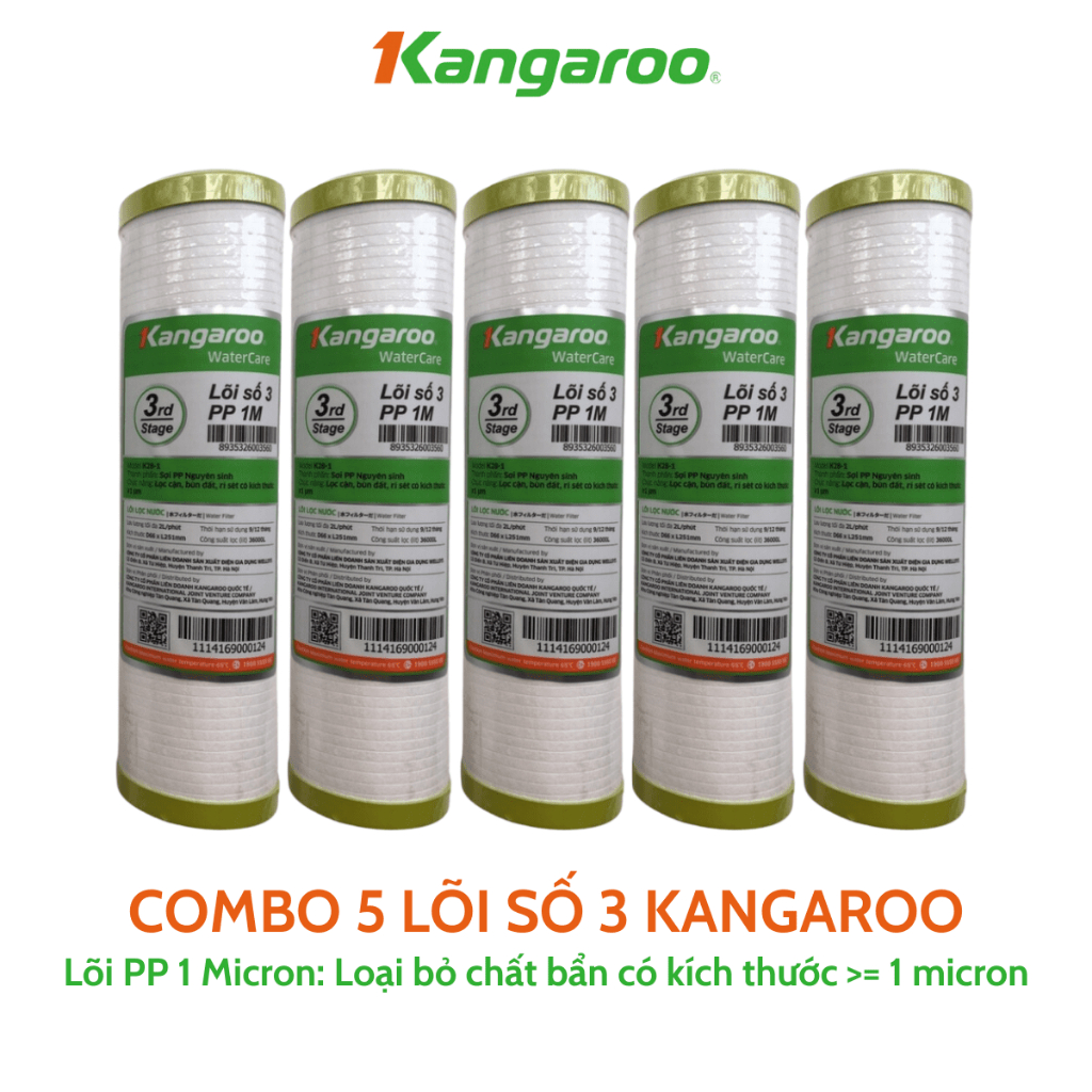Combo 5 Lõi Lọc Thô Số 1 2 3 KANGAROO Chính Hãng Dùng Cho Máy Lọc Nước RO Có 3 Cốc Lọc 10Inch