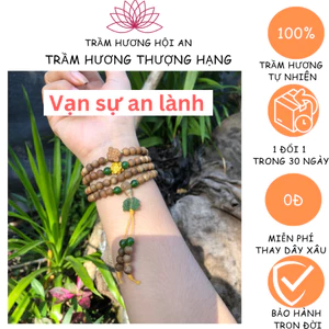 Vòng tay trầm hương tốc kiến Quảng Nam mixcharm đá xanh ngọc-6mm 108 hạt, Bình an tài lộc.