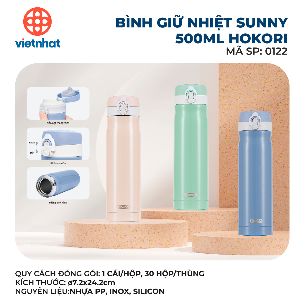 Bình Giữ Nhiệt Sunny 500ml Hokori 0122, bình đựng nước giữ nhiệt lớn tiện lợi lõi inox 304 không gỉ, giữ nước tốt
