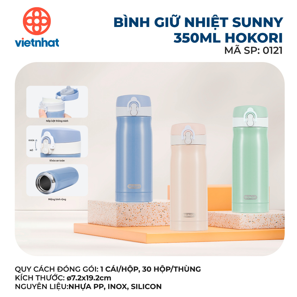 Bình Giữ Nhiệt Sunny 350ml Hokori 0121,Bình đựng nước giữ nhiệt lớn tiện lợi lõi inox 304 không gỉ, giữ nước tốt