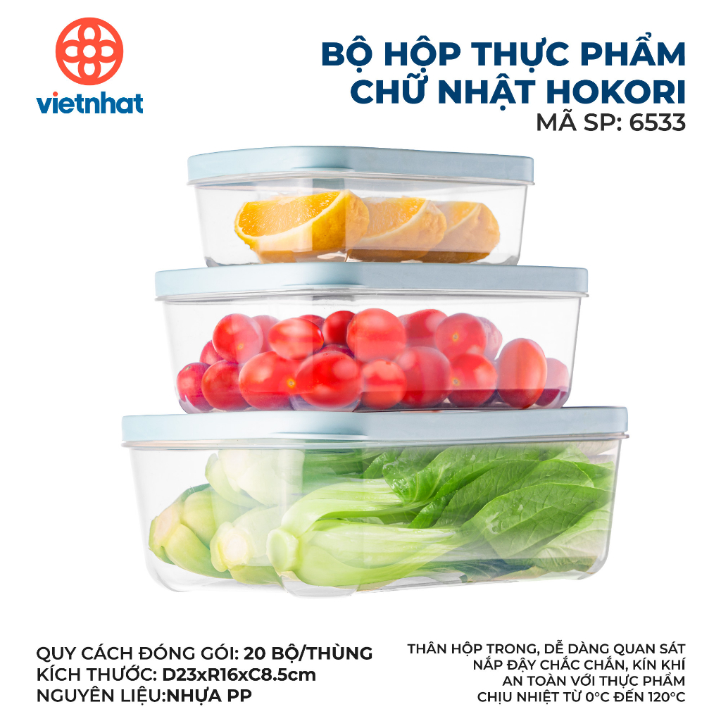 Bộ Hộp Thực Phẩm Chữ Nhật Hokori 6533, Hộp nhựa bảo quản thực phẩm trong tủ lạnh Việt Nhật cao cấp