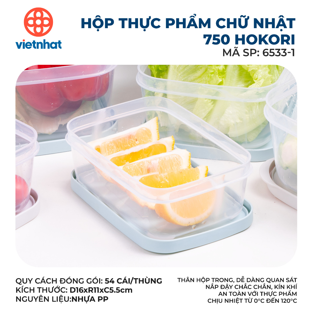 Bộ Hộp Thực Phẩm Chữ Nhật Hokori 6533, Hộp nhựa bảo quản thực phẩm trong tủ lạnh Việt Nhật cao cấp