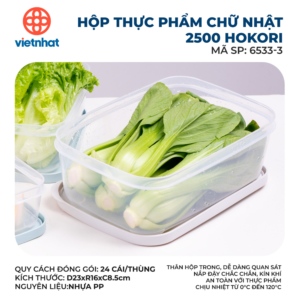 Bộ Hộp Thực Phẩm Chữ Nhật Hokori 6533, Hộp nhựa bảo quản thực phẩm trong tủ lạnh Việt Nhật cao cấp