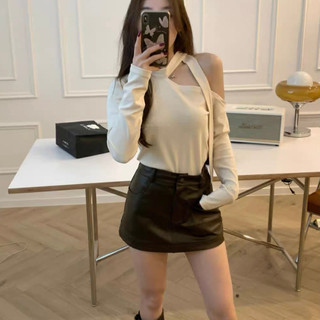 Áo thun kiểu thu đông lệch vai dây buộc dài tay - Áo hở vai nữ cá tính chất thun tăm mềm mại có Ảnh thật + Video