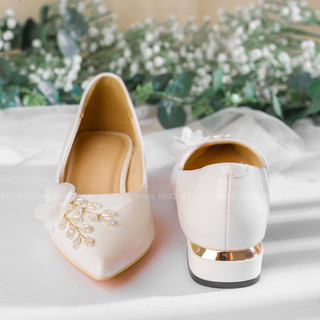 Giày Cao Gót Nữ Cao Cấp BEJO H98.03 Hoa Lụa Nhánh Pha Lê Trắng Sang Trọng - Giày Cưới Cô Dâu Đi Êm Chân