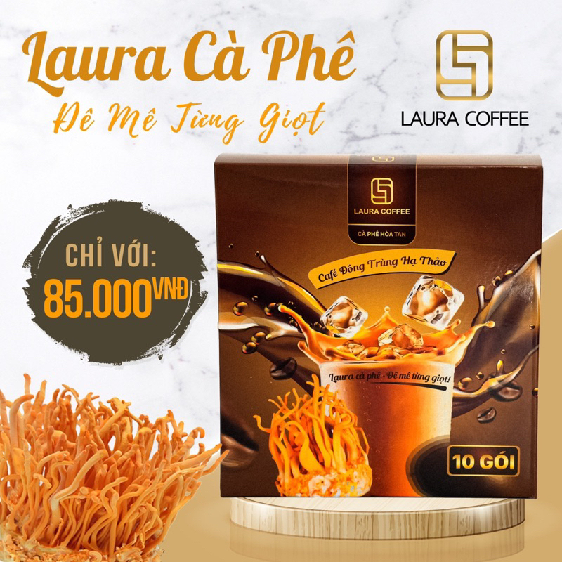 Laura Coffee Nhật Kim Anh 2 Vị Nấm Linh Chi và Đông Trùng Hạ Thảo Hộp 10 gói 18gr