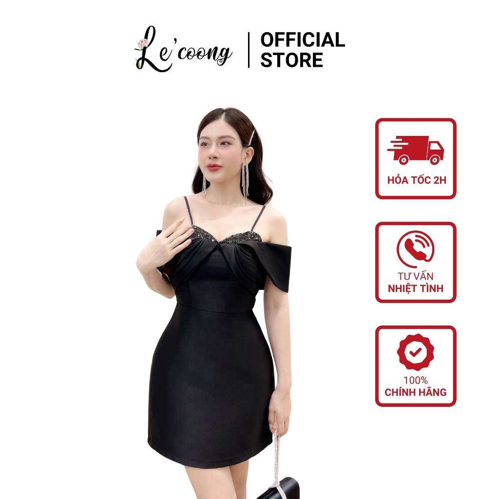 Đầm Dự Tiệc Trễ Vai LECOONG V437 Váy Nữ Dáng Ngắn Đen Trắng Sang Trọng