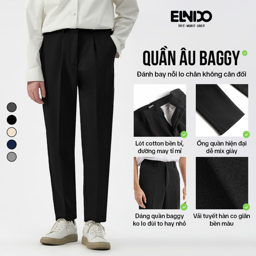 Quần tây Nam ELNIDO vải lụa hàn co giãn kiểu dáng baggy Nam không nhăn không xù thời trang ED04