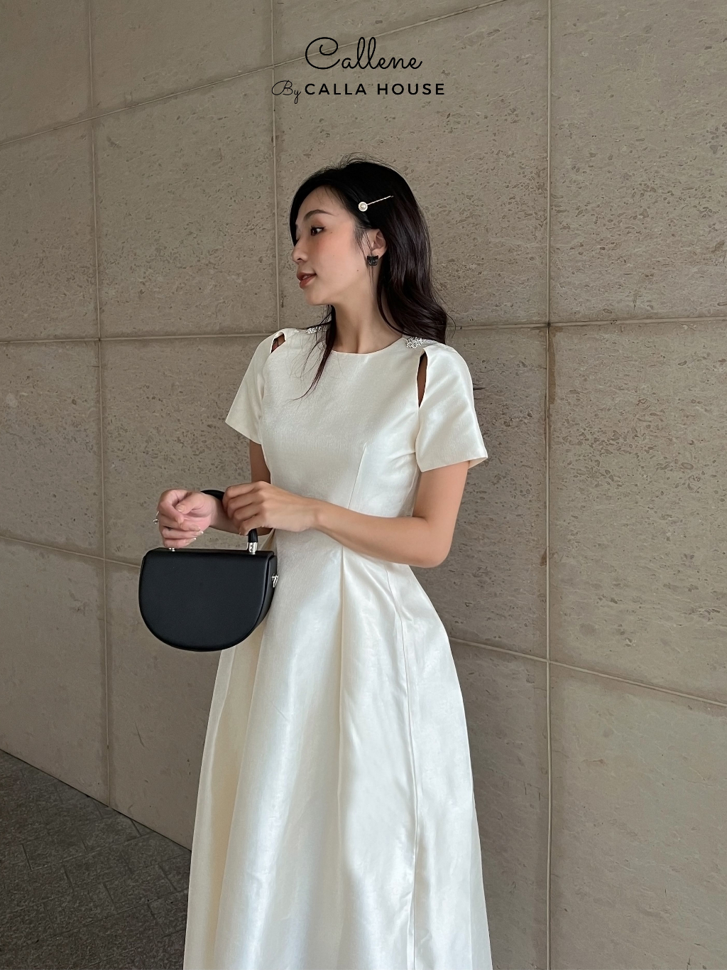 Ảnh Đầm dự tiệc cưới khoét vai tà xéo kèm tag đá màu trắng Callene (CC276) 2
