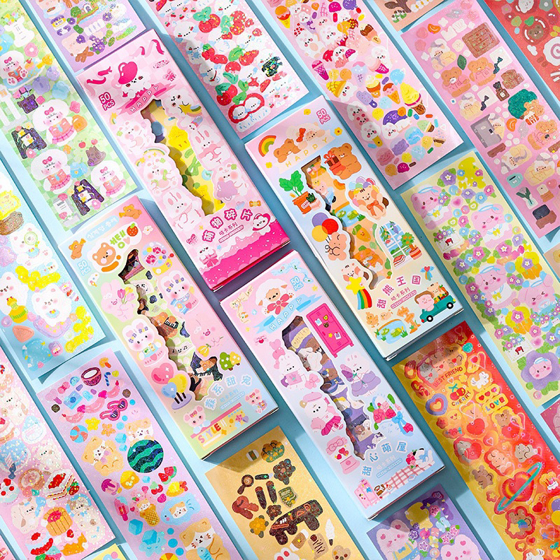 Hộp 50 sticker gấu thỏ cute, cắt sẵn decor toploader trang trí sổ tay ...