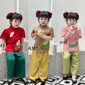 Bộ quần áo trẻ em TB366 Đồ bộ bà ba thêu hoa sen cho bé gái xinh xắn