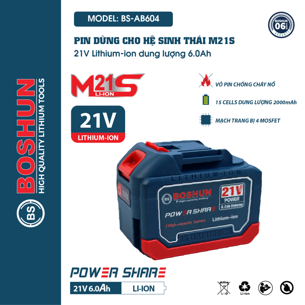 Pin Boshun ABS 21V 15 Cell 6Ah- Mạch 4 mosfet BOSHUN_BS-AB604 - Pin máy ...