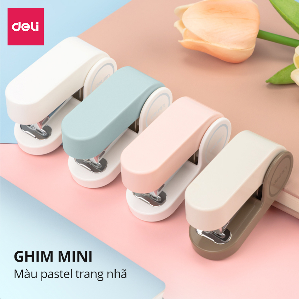Dập ghim học sinh văn phòng mini Deli 25 trang, Ghim bấm giấy số 12 màu pastel dễ thương, nhỏ gọn, tiện lợi - Tặng ghim