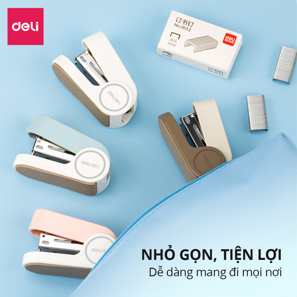 Dập ghim học sinh văn phòng mini Deli 25 trang, Ghim bấm giấy số 12 màu pastel dễ thương, nhỏ gọn, tiện lợi - Tặng ghim