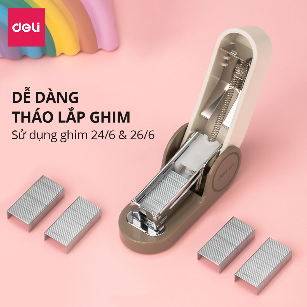 Dập ghim học sinh văn phòng mini Deli 25 trang, Ghim bấm giấy số 12 màu pastel dễ thương, nhỏ gọn, tiện lợi - Tặng ghim