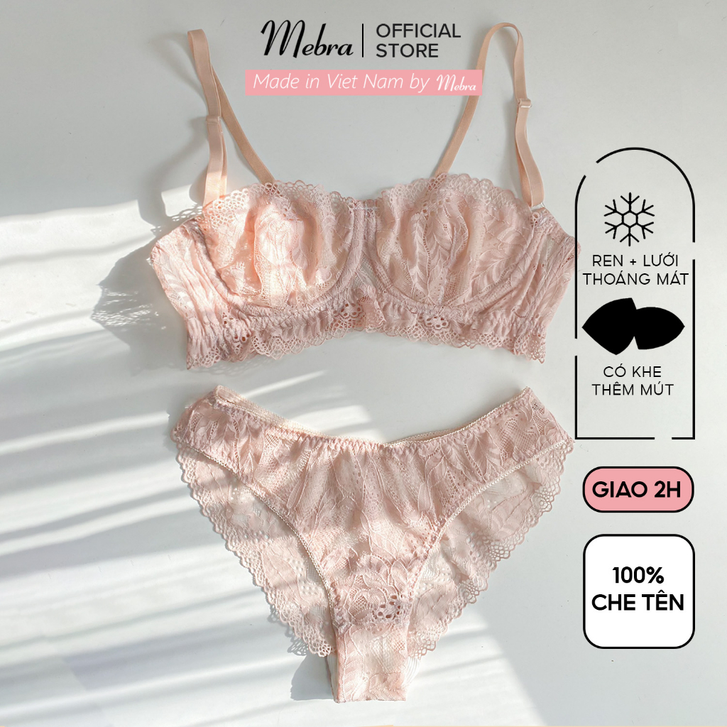 Bộ đồ lót ren nữ hồng cam nhẹ gợi cảm có gọng quả ngang dây vai rời quần lót tam giác cánh tiên Mebra spe