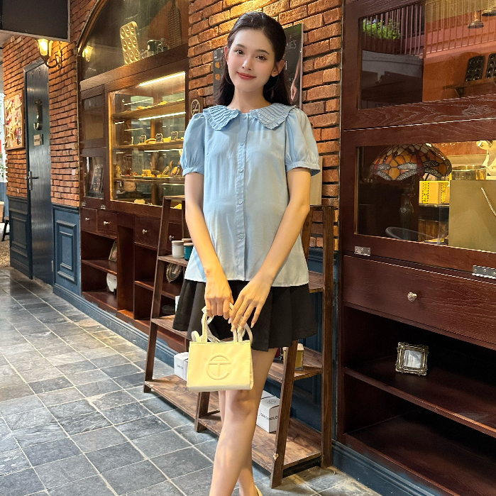 MEDYLA – Áo sơ mi bầu tơ lót lụa cổ xếp ly cho bầu mặc trong và sau sinh – ATN1420