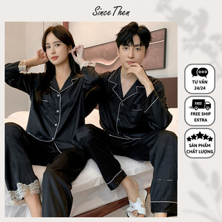 Pijama lụa đôi (Có ảnh thật cận vải), đồ ngủ đôi nam nữ dài tay màu đen - Sincethen