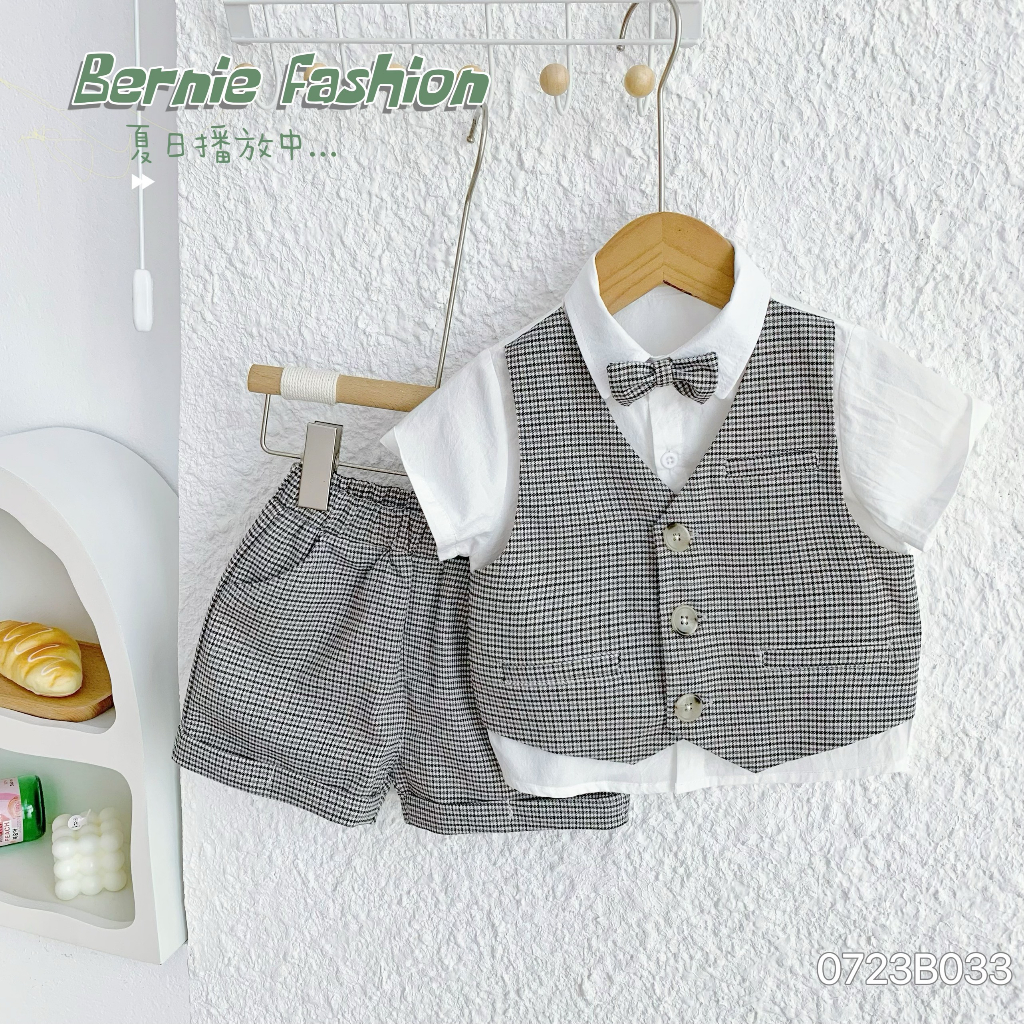 Set sơ mi phối gile kẻ kèm nơ cho bé trai, bộ sơ mi cộc tay công tử cho bé Bernie