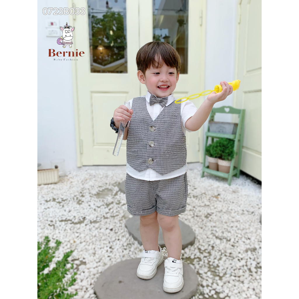 Set sơ mi phối gile kẻ kèm nơ cho bé trai, bộ sơ mi cộc tay công tử cho bé Bernie