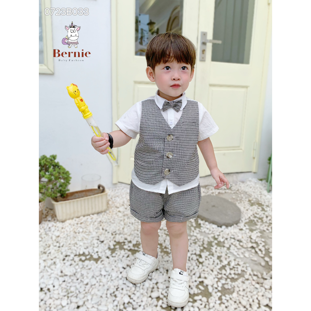 Set sơ mi phối gile kẻ kèm nơ cho bé trai, bộ sơ mi cộc tay công tử cho bé Bernie