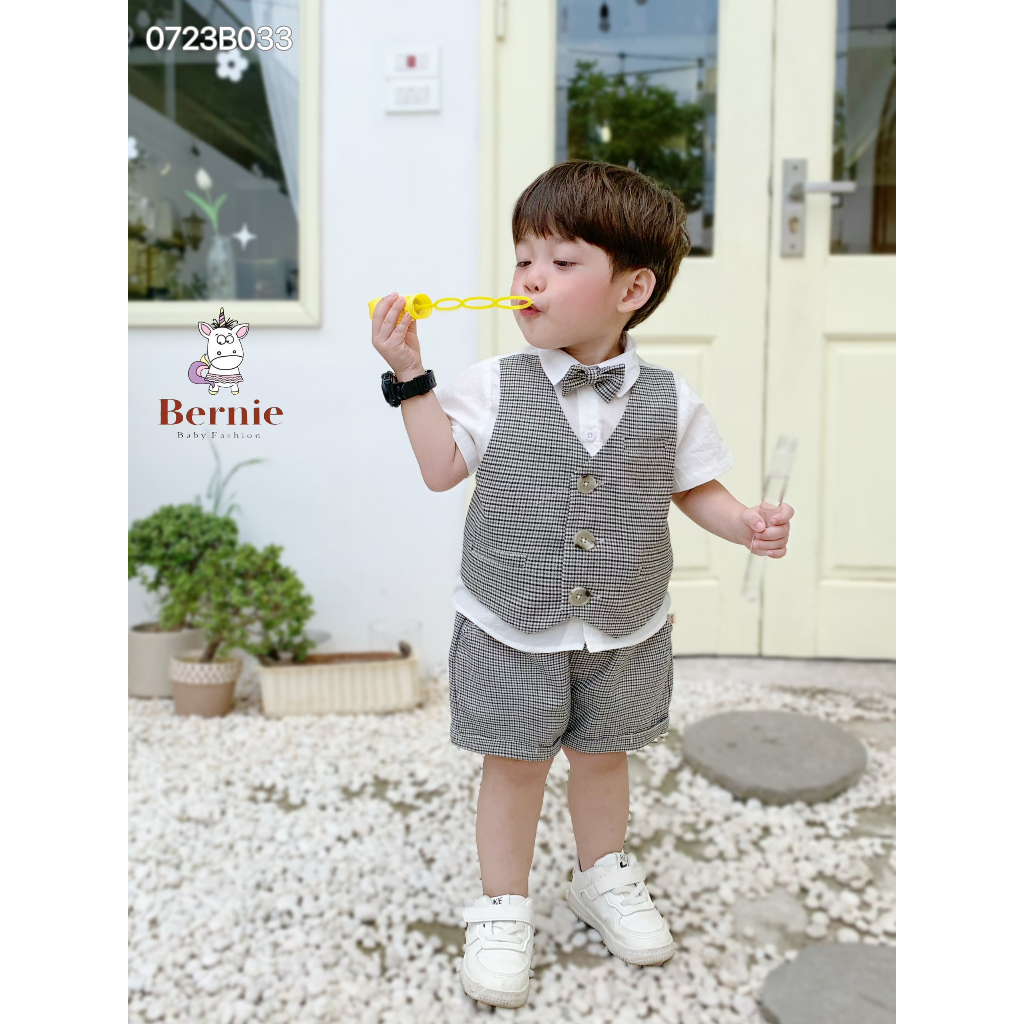 Set sơ mi phối gile kẻ kèm nơ cho bé trai, bộ sơ mi cộc tay công tử cho bé Bernie