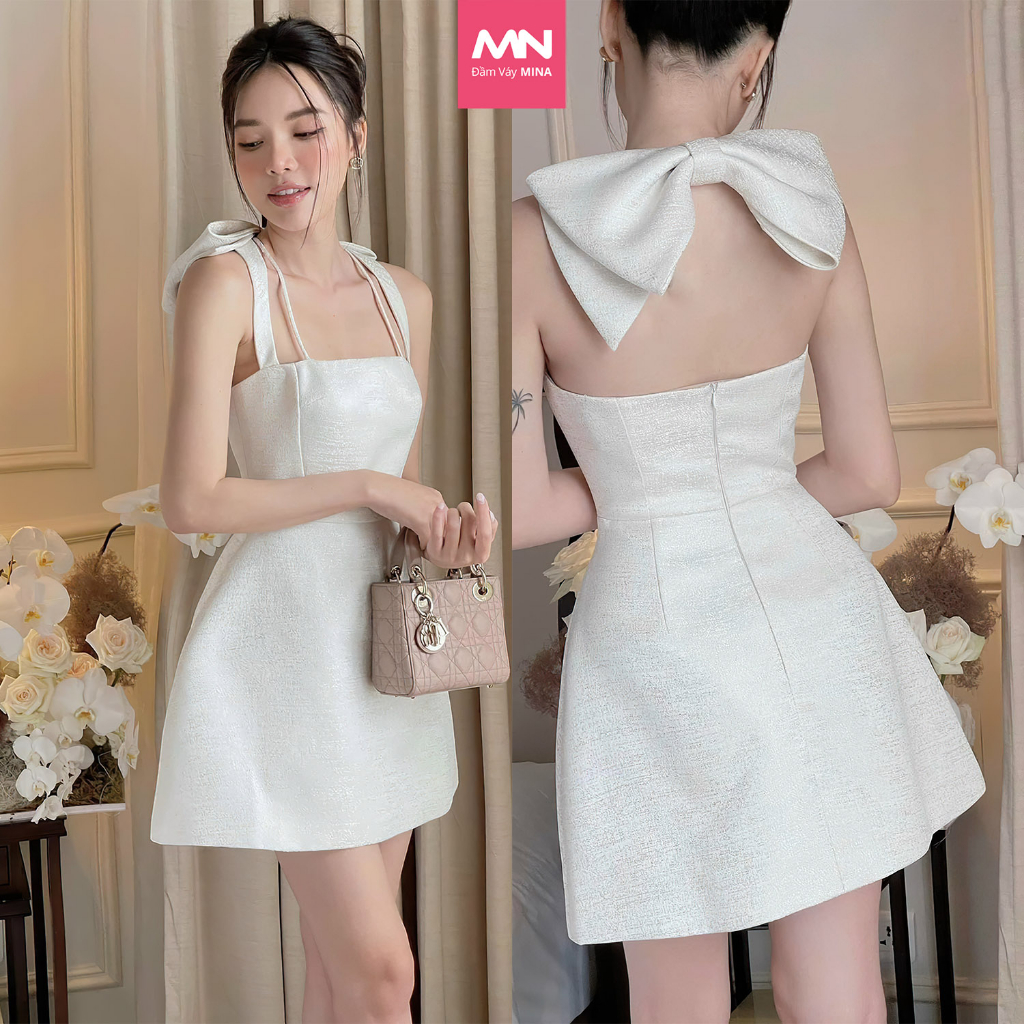 Đầm dự tiệc hở lưng thương hiệu Đầm Váy Mina cổ yếm phối nơ to điệu đà dáng xoè mini quyến rũ MN235 spe