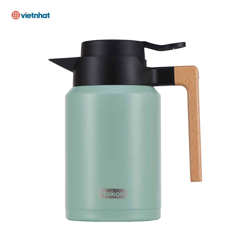 Bình Giữ Nhiệt Quai Gỗ 1.5L Hokori 0115, Bình trà inox giữ nhiệt 1.5L Việt Nhật có quai cầm