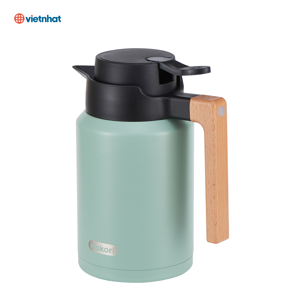 Bình Giữ Nhiệt Quai Gỗ 1.5L Hokori 0115, Bình trà inox giữ nhiệt 1.5L Việt Nhật có quai cầm