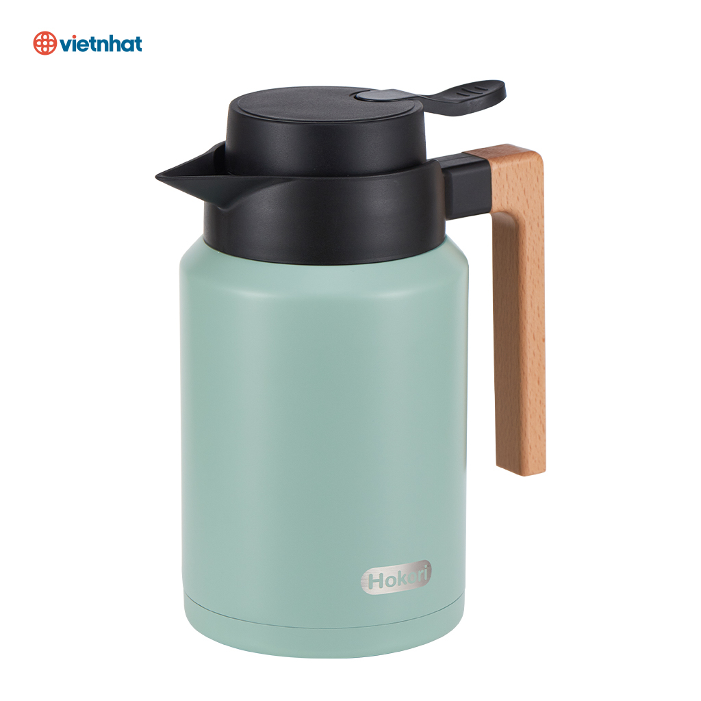 Bình Giữ Nhiệt Quai Gỗ 1.5L Hokori 0115, Bình trà inox giữ nhiệt 1.5L Việt Nhật có quai cầm