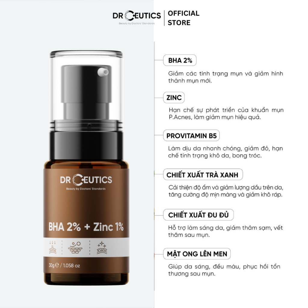 Ảnh DRCEUTICS Serum Kẽm BHA 2% + Zinc PCA 1% DrCeutics giảm mụn và giảm tiết dầu 30g 3