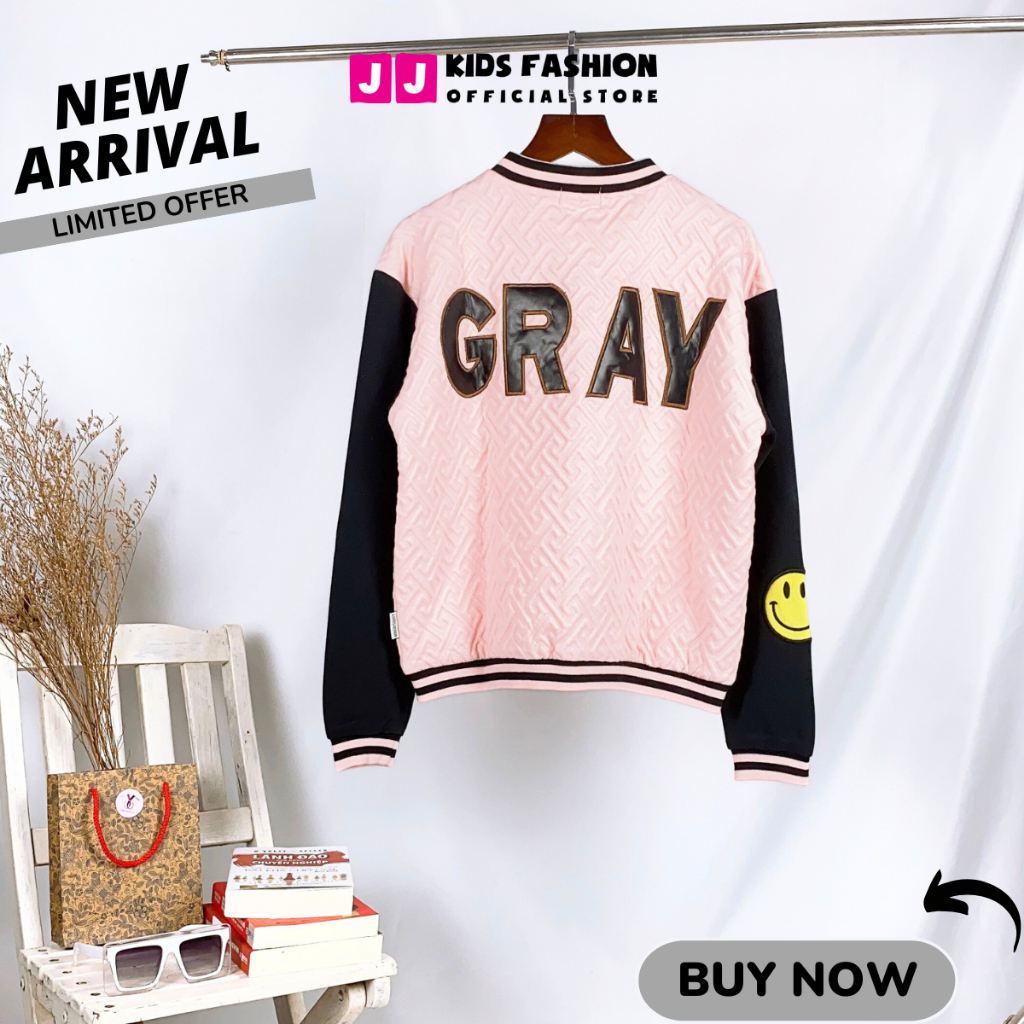 Khoác Bomber Unisex, Áo Bomber bé trai, bé gái thêu chữ thời trang size đại 30 - 60kg - JJ Kids