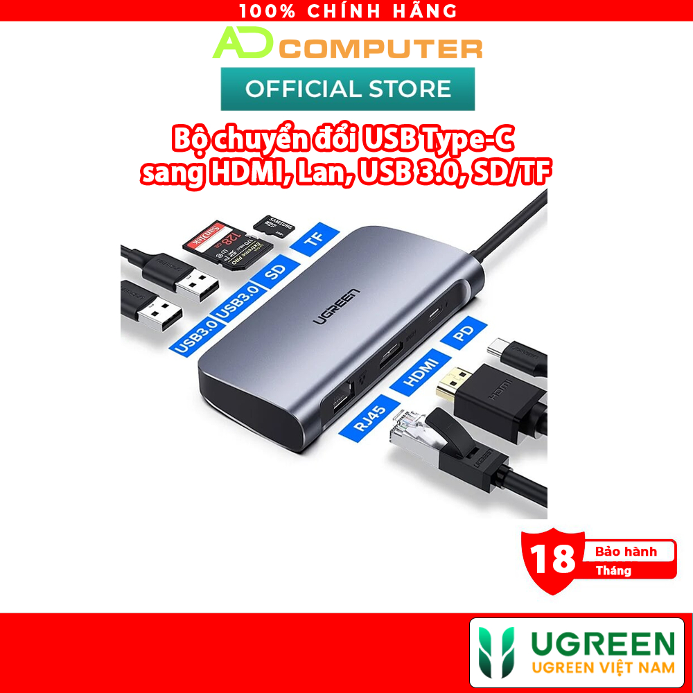 Bộ chuyển đổi Ugreen 50852 USB Type-C sang HDMI, Lan, USB 3.0, SD/TF ...