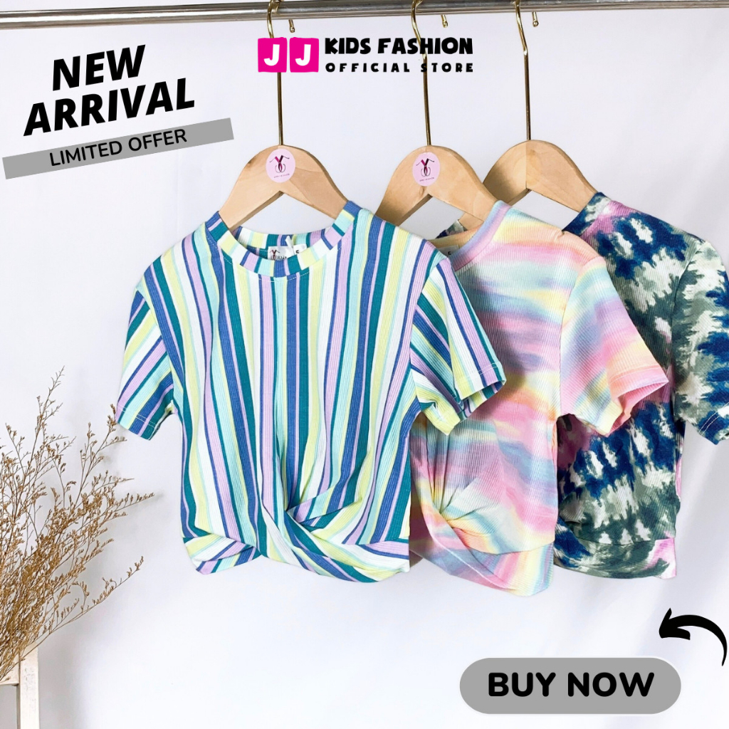 Áo bé gái croptop cộc tay xoắn eo cao cấp sọc màu sắc nổi bật dễ thương - JJ Kids