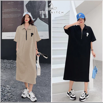 Váy suông dài có cổ, váy polo, đầm suông bầu chất tổ ong