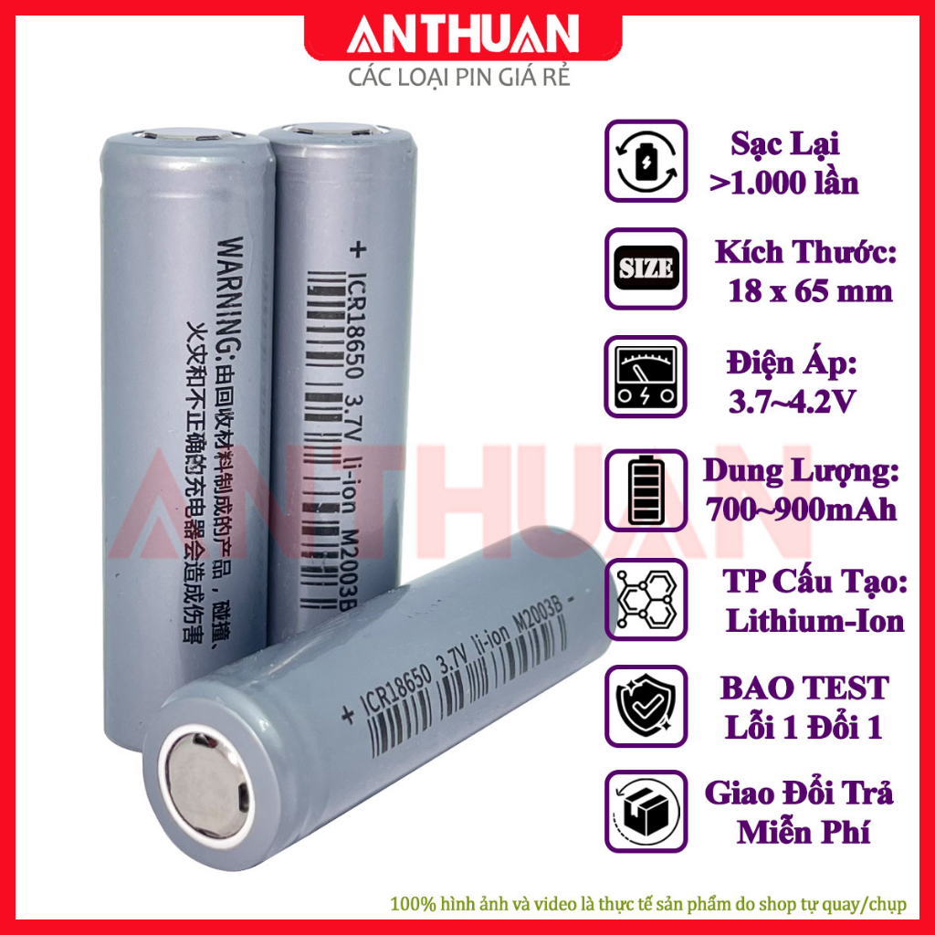 Pin sạc 18650 dung lượng thực tế 900mAh đầu bằn bao test dùng cho các ...