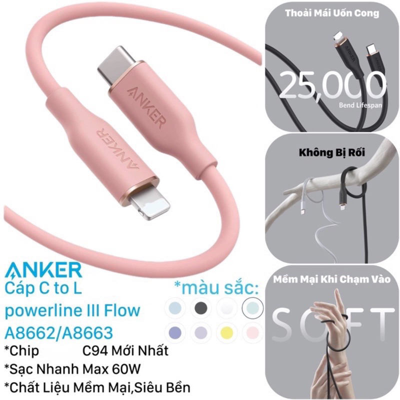Dây Sạc-Cáp Sạc Nhanh Anker Flow C to L A8662/A8663-0,9/1,8M (no box ...