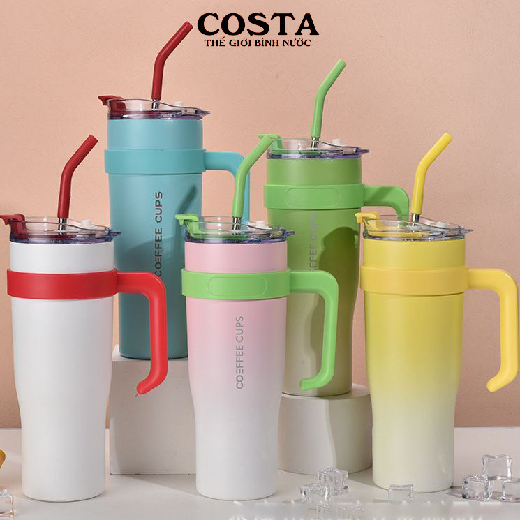 Cốc giữ nhiệt COSTA dung tích 1200ML cốc coffeecup inox 304 thời trang có ống hút và tay cầm tặng kèm sticker trang trí | BigBuy360 - bigbuy360.vn