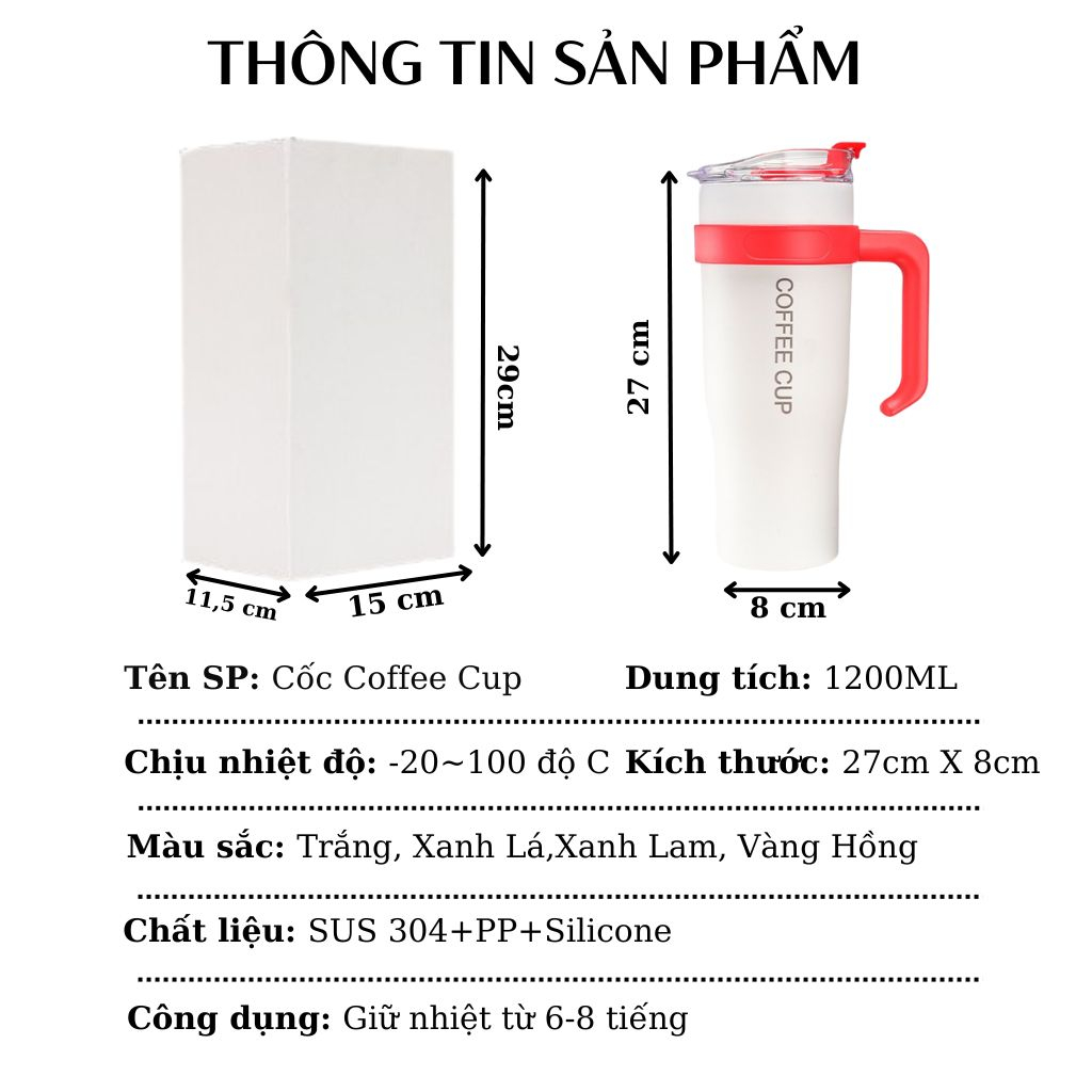 Cốc giữ nhiệt COSTA dung tích 1200ML cốc coffeecup inox 304 thời trang có ống hút và tay cầm tặng kèm sticker trang trí | BigBuy360 - bigbuy360.vn