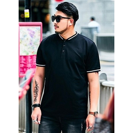 Áo polo cổ trụ Big Size đen cotton 100%  nhấn line, vải Cotton Co giãn nhập khẩu, Bền màu, Thấm hút mồ hôi
