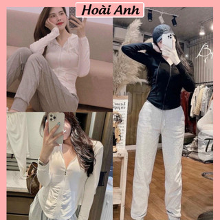 Set Bộ Đồ Nữ Trơn Áo Khoác Dài Tay Ôm Body Kéo Khóa Có Mũ Mix Quần Boom Ống Rộng Freesize