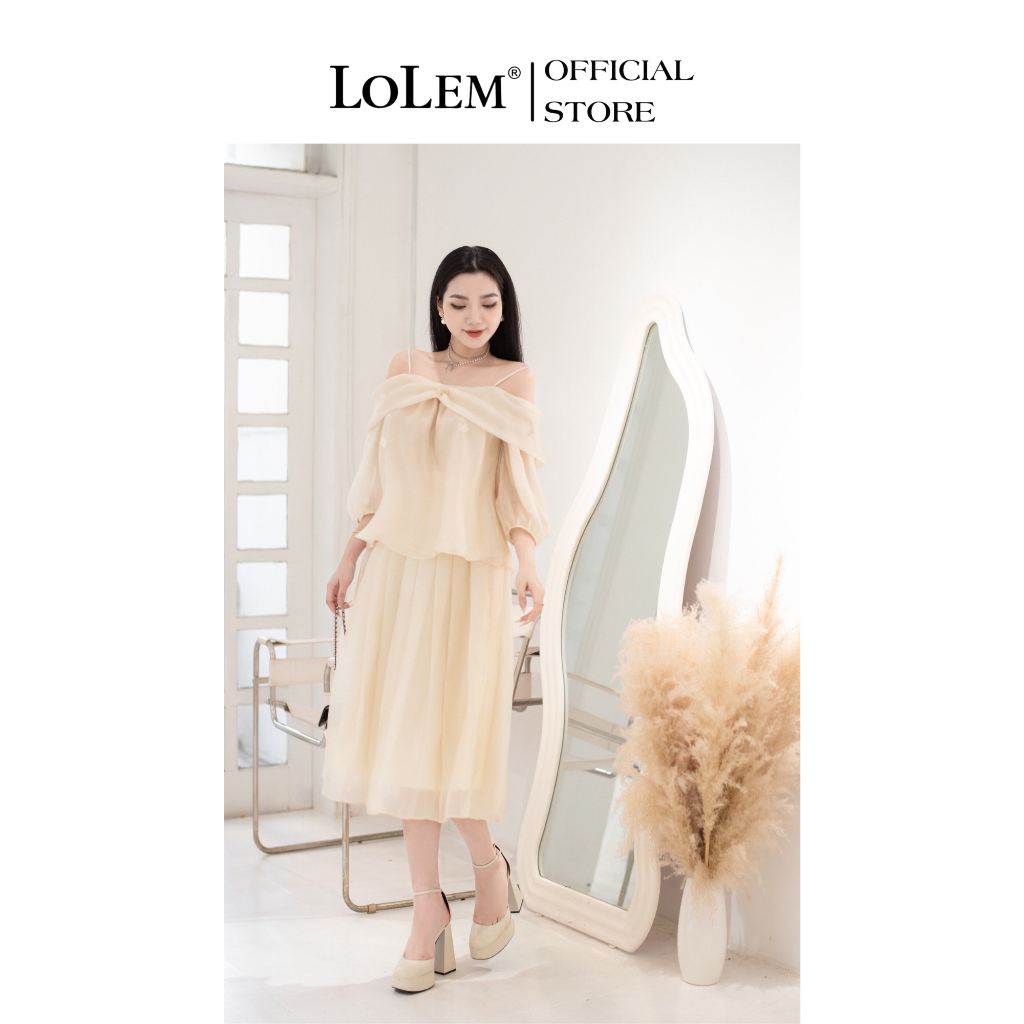 Set áo chân váy xếp ly LOLEM SV261 áo trạc vai tay lửng chất tơ lụa mềm mại