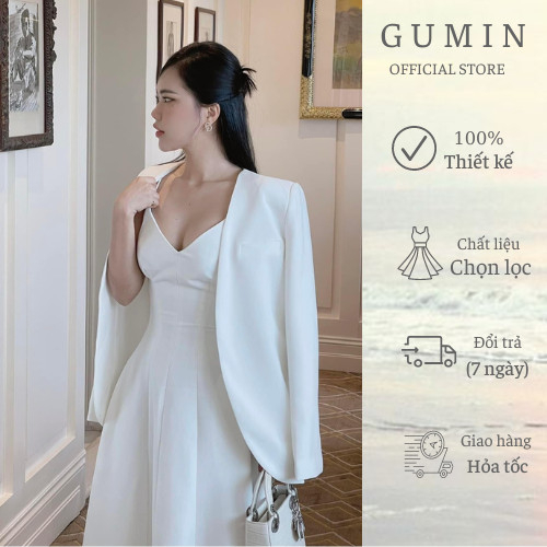 Set choàng nữ GUMIN 2 món váy maxi hai dây mix áo khoác dài tay thu đông sang chảnh dự tiệc